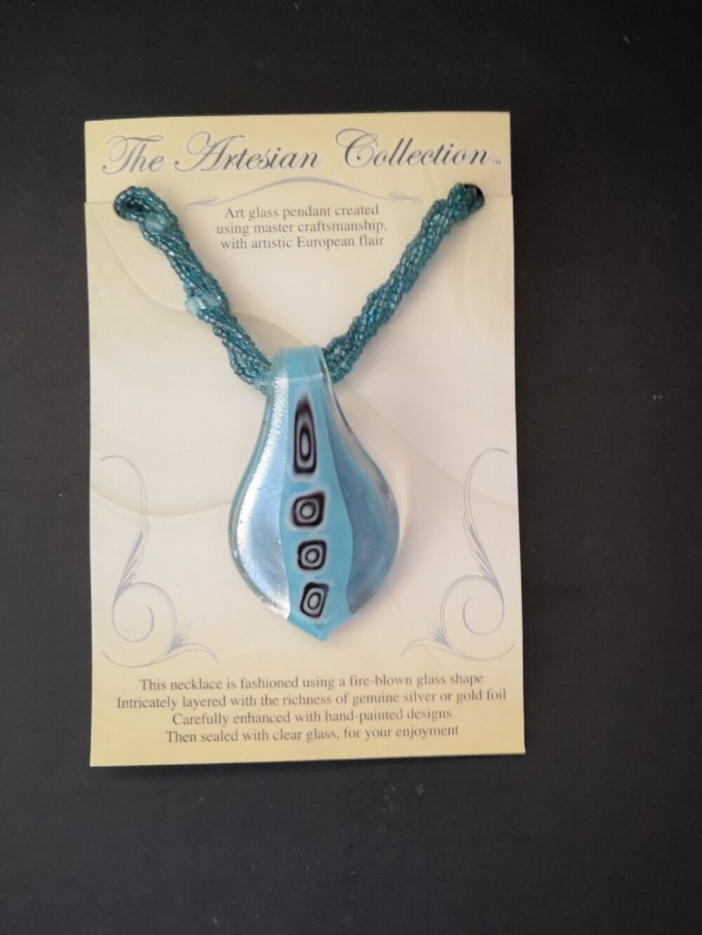 The Artesian Collection Fire Blown Art Glass Pendant Necklace Blue Silver New
